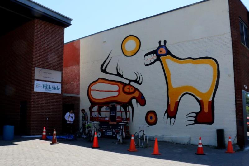 Two Nova Scotia men are painting a new mural in downtown Sudbury in the Mi’kmaq Eastern Woodlands tr